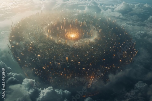 Aerial View of City Surrounded by Clouds, An alien megacity engulfing an entire planet, seen from space, AI Generated photo