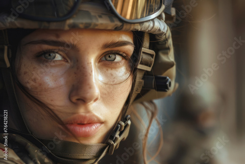 Close portrait of a beautiful woman in a military helmet. Woman soldier close up looking to the camera  © Ivan