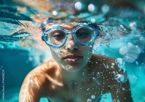 Young Swimmer Underwater with Goggles in Clear Blue Pool © Qstock