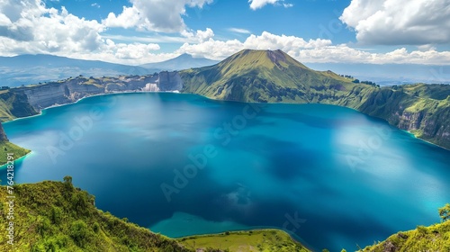 Breathtaking Crater Lake Panorama with Vibrant Blue Water and Lush Hillsides