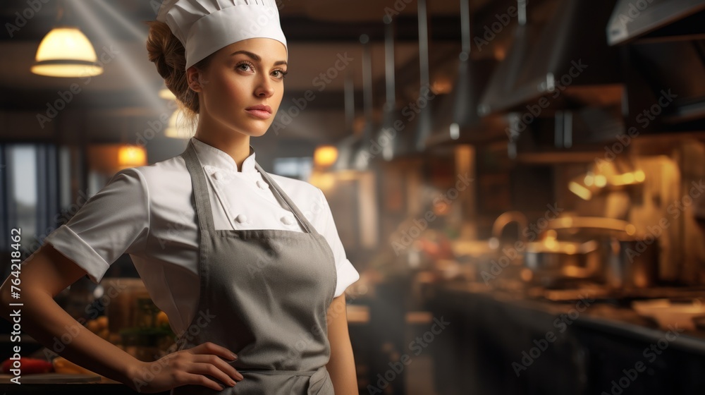 Attractive waitress in apron and white shirt looking at camera close-up. Concept restaurants and delicious food.