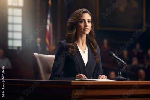 Court of Justice and the legal process. woman wearing a suit stands in court at a high court hearing in the courtroom, front view
