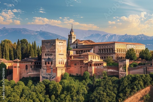 Majestic Building With Clock Tower, An awe-inspiring view of the Alhambra Palace in Granada, Spain, AI Generated