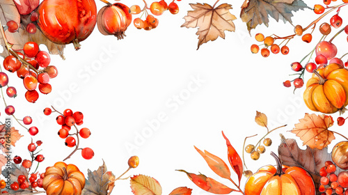 A watercolor painting featuring vibrant autumn leaves in shades of red, orange, and yellow, alongside plump pumpkins. A festive backdrop for Halloween. Autumn mood. Postcard. Banner. Copy space