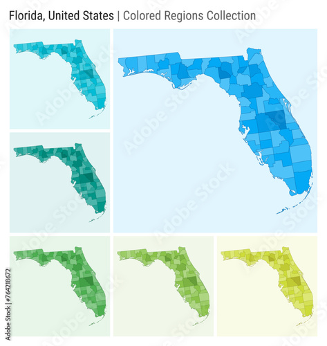 Florida, United States. Map collection. State shape. Colored counties. Light Blue, Cyan, Teal, Green, Light Green, Lime color palettes. Border of Florida with counties. Vector illustration.