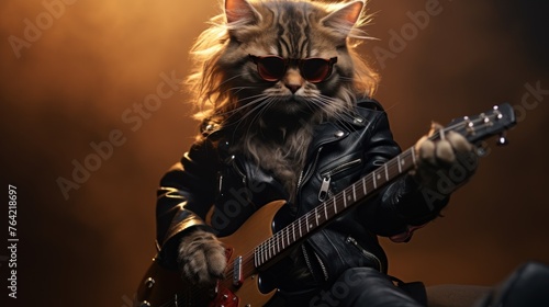 Gray cat musician portrait with guitar and leather jacket