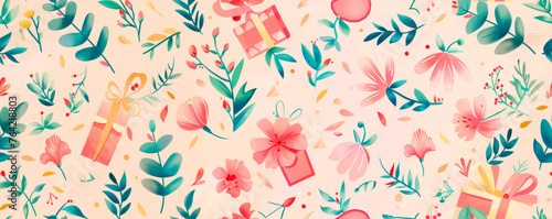 A repetitive pattern of various flowers and gift boxes displayed on a vibrant pink background. Holiday Background. Gift wrapping. Seamless pattern photo