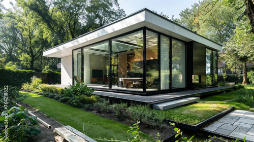 A sleek, minimalist black and white modern house standing amidst a lush garden, with large floor-to-ceiling windows reflecting the surrounding greenery. --ar 16:9 --v 6.0 - Image #3 @Zubi