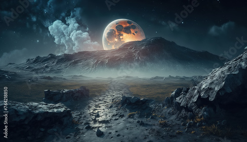 Ancient alien world with dark rocky terrain and a large orange moon rising above black volcanic mountains. Primordial uninhabited exoplanet. Exploration of the universe. photo