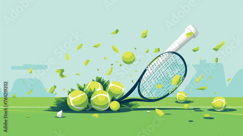 Close up of tennis rackets and tennis balls lying 