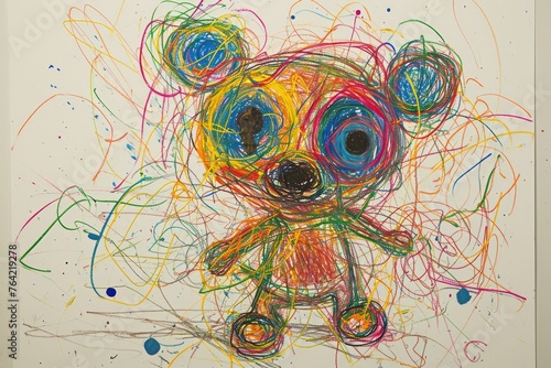 The hand drawing colourful picture of the bear that has been drawn by the colored pencil, crayon or chalk on the white blank background that seem to be drawn by the child that willing to draw. AIGX01.