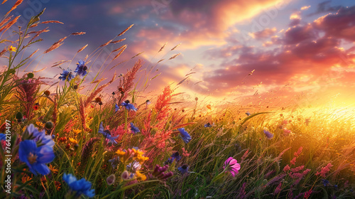 A symphony of colors as a field of wildflowers sways gently in the breeze under a sky painted with the hues of a setting sun.