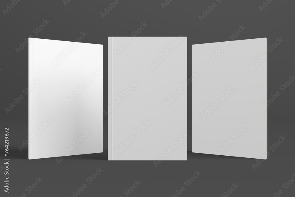 Realistic 3D book mockup illustration with 3 soft covers. Book model standing on isolated gray background with shadows. Book with 3 soft covers. Ready for you to present your design. Realistic 3D book mockup illustration with 3 soft covers. Book model standing on isolated gray background with shadows. Book with 3 soft covers. Ready for you to present your design.