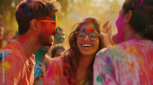 Indian people celebrate holi festival together at park. photo