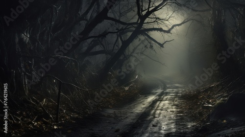 Night road in a creepy scary forest illuminated by moonlight
