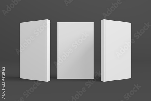 Realistic 3D book mockup illustration with 3 soft covers. Book model standing on isolated gray background with shadows. Book with 3 soft covers. Ready for you to present your design.