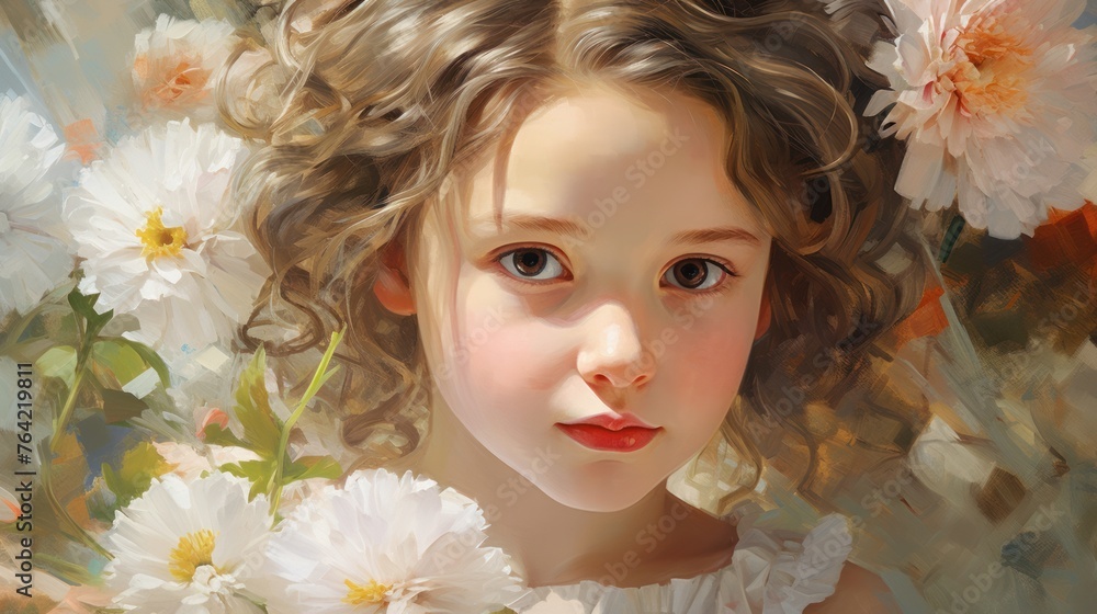 A beautiful little girl with brown eyes with short blond hair among the flowers looks straight, watercolor drawing