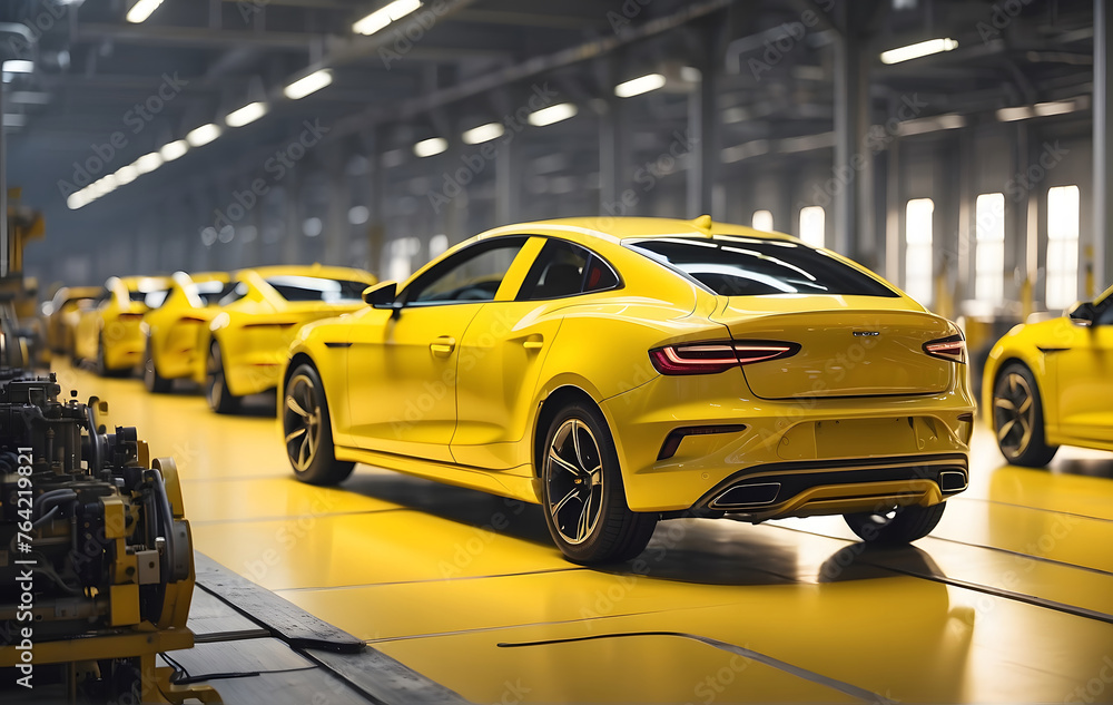 Busy Factory Featuring a Mass Production Assembly Line for Modern Cars Busy Factory Featuring a Mass Production Assembly Line for Modern Cars