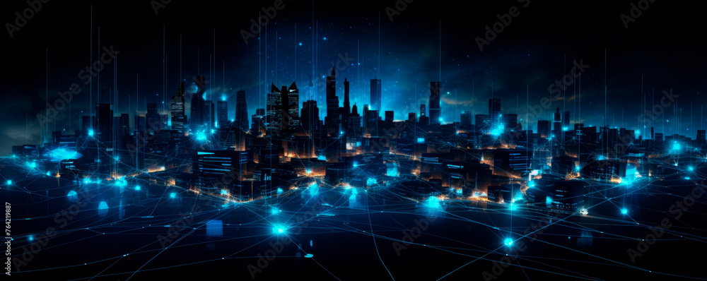 Naklejka premium A futuristic cityscape at night illuminated by blue lights, creating a striking and modern atmosphere. Artificial Intelligence. AI. Data transmission. Big data. Virtual reality. Banner. Copy space