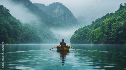 Solitary rower on a quiet, mist-covered lake amidst green mountains and a serene landscape. © khonkangrua