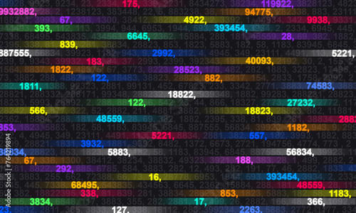 An abstract colorful theme with an array of numbers and casually selected colored digits.