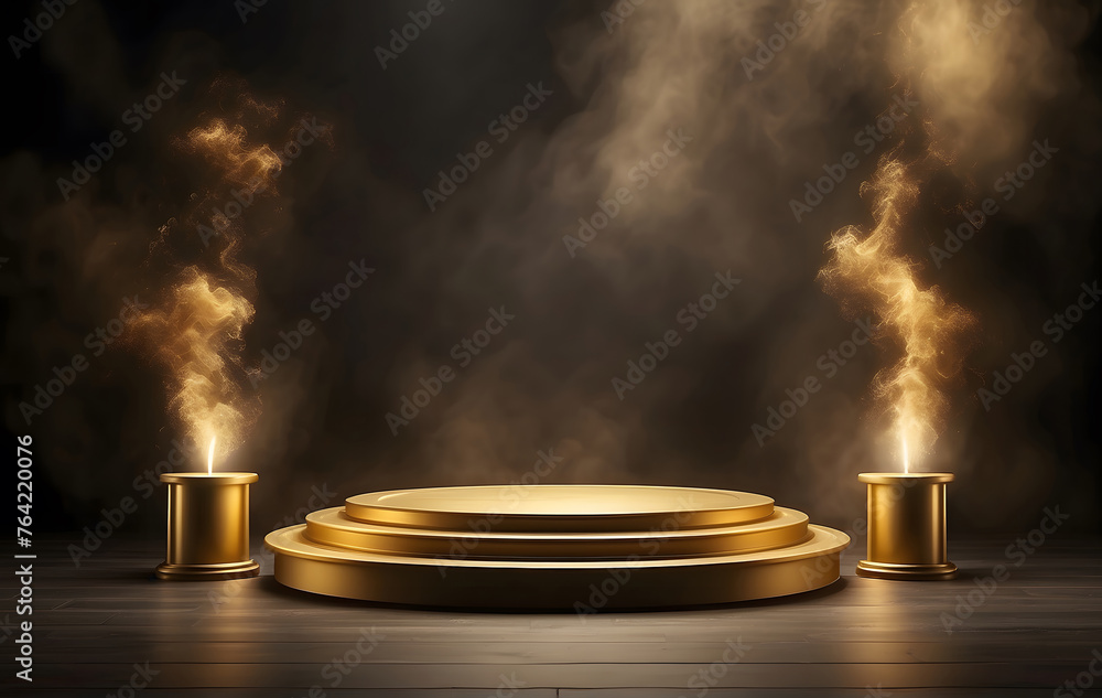 Gold podium set against a dark backdrop enveloped in wisps of smoke, with an empty pedestal awaiting an award ceremony