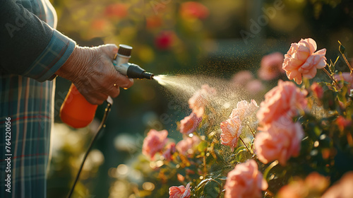 An elderly woman sprays roses against pests and diseases close-up © colnihko