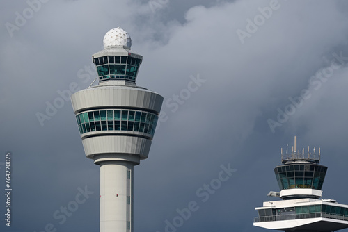Control Tower of the Hong Kong Airport, China. Cloudy sky.
