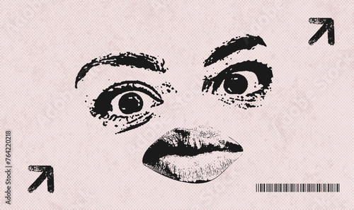 Trendy vintage banner with anti-design concept. Distorted Face with retro photocopy effect on textured background. Brutal vector illustration,