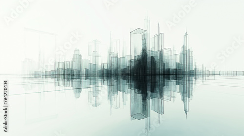 Abstract Futuristic monochrome digital cityscape with wireframe grid