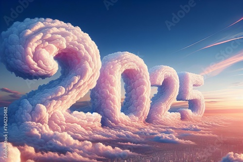 clouds are pink and white and spell out number 2025 photo