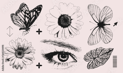 Trendy realistic Elements set with vintage photocopy effect. Vintage y2k styled Eye, butterflies, flower, leaf. Grain effect and stippling. Vector grunge texture.