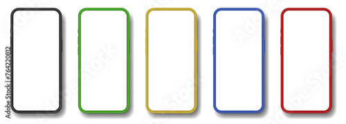 Mockup of a phone screen. Social media promotion. Advertising on a smartphone display. Device front view. 3D mobile phone with shadow. Cell phone. Black, green, yellow, blue and red cases
