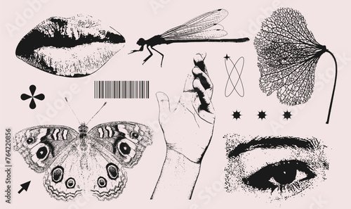 Trendy elements set with a 2000s natural beauty aesthetic. Retro photocopy effect y2k eye, lips, dragonfly, butterfly, hand for vintage print design. Vector textured clipart © LanaSham