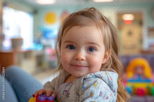 Sweet toddler with toys in colorful setting