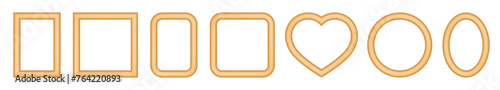 Set of gold frames. Square, rectangular, round, oval and heart-shaped pictures. Rounded angles. Poster or painting mockup on a transparent background. 3d photo frame