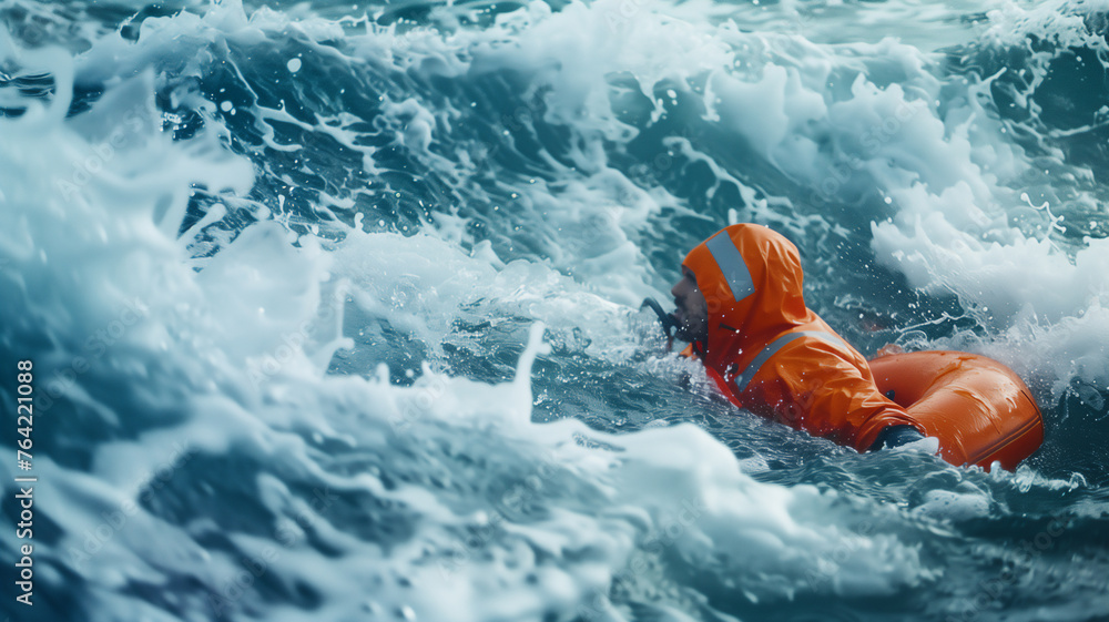 Man wear life jacket float on ocean surface after shipwreck stormy weather .