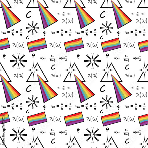 Prismatic spectrum seamless pattern, beautiful scientific pattern, formulas on mathematical symbols. School or college. Black and white
