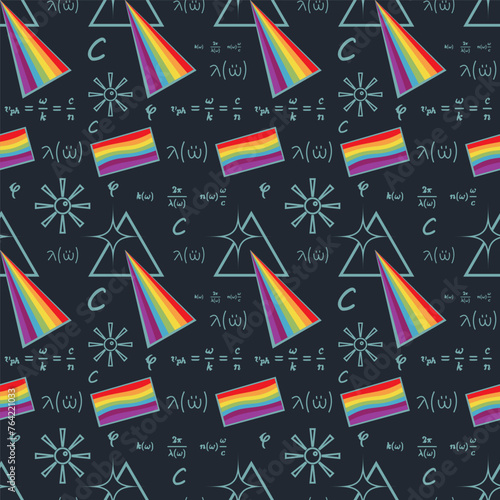 Prismatic spectrum seamless pattern, beautiful scientific pattern, formulas on mathematical symbols. School or college. Dark blue