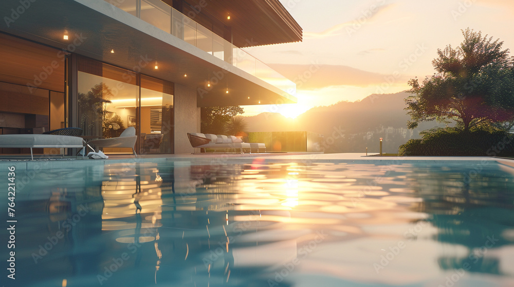 Fototapeta premium An inviting illustration of a modern villa with a sleek design, overlooking a pristine pool that glistens in the sunlight, 