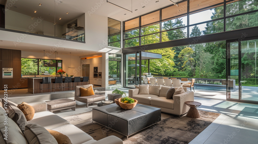 An inviting photo of a luxurious modern home, characterized by its open ...
