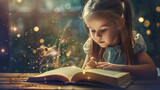 Little girl have imagination while reading storybook with fantasy animal . child development concept .