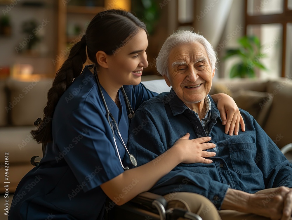 A woman in a blue uniform is hugging an elderly man. Scene is warm and caring A woman in a blue uniform is hugging an elderly man. Scene is warm and caring