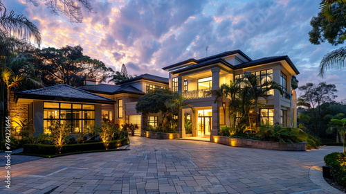 As dawn breaks, a luxury home basks in the soft morning light, its pristine facade illuminated with a gentle glow. 