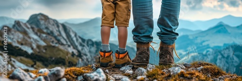 A man and a child are standing on a mountain top, looking out at the beautiful view. Concept of adventure and exploration, as well as the bond between a parent and child