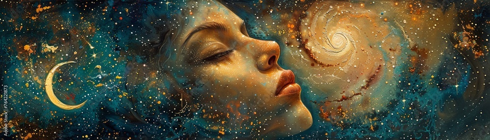 Fototapeta premium Mystic stars tarot, galaxy core opening, astral symbols, mixed media, universes embrace
