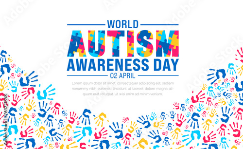child handprint shaped autism pattern background with puzzle piece Text design. Autism Awareness Day concept colorful kids hand together seamless pattern background. 
