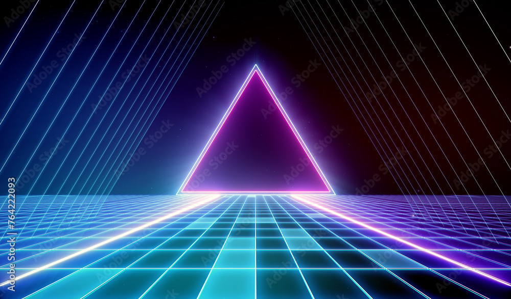 Retro 80s-90s Sci-Fi background futuristic grid landscape neon. Digital Cyber Surface. Suitable for design in the style of the 1980`s. 3D illustration
