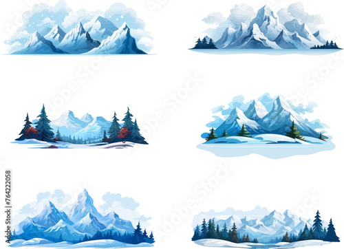 Set of vector flat mountains landscape. Winter beautiful blue mountains landscape with a forest.	Collections of winter mountains .