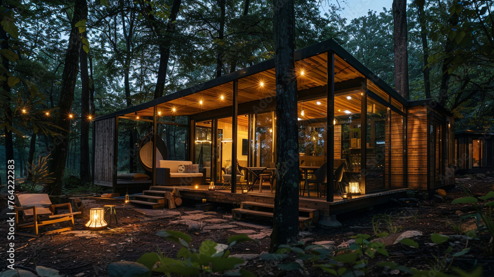 Chic glamping experiencemodern villa and glass cottage nestled in the woods, creating a magical ambiance in the forest at night. --ar 16:9 --v 6.0 - Image #3 @Zubi
